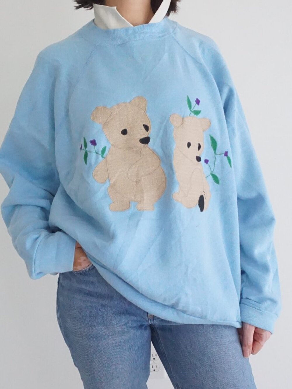 Vintage Sweet Shirts Baby Blue Teddy Bear Floral Applique Sweater Grandma XL